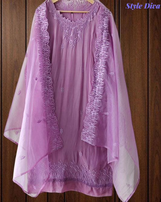 Pastel Organza Embroidered 3-Piece Fully Stitched Suit with Shantoon Pants