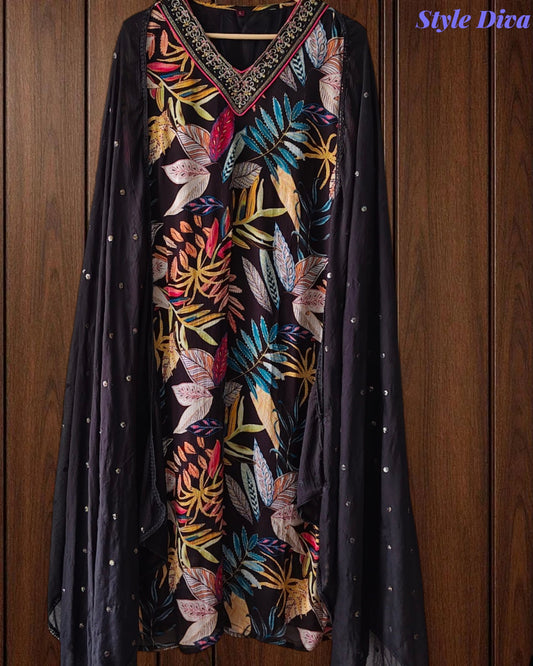 Elegant Chinnon Digital Printed Kurta Set with Neck Embroidery & Chiffon Dupatta – Fully Stitched