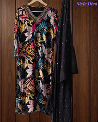 Elegant Chinnon Digital Printed Kurta Set with Neck Embroidery & Chiffon Dupatta – Fully Stitched