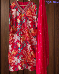 Elegant Chinnon Digital Printed Kurta Set with Neck Embroidery & Chiffon Dupatta – Fully Stitched (Copy)