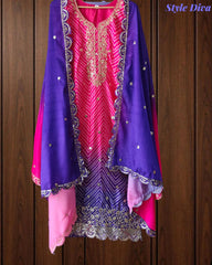 Chinnon Ombre Digital Printed 3-Piece Fully Stitched Suit with Sequin Embroidery & Shantoon Pants