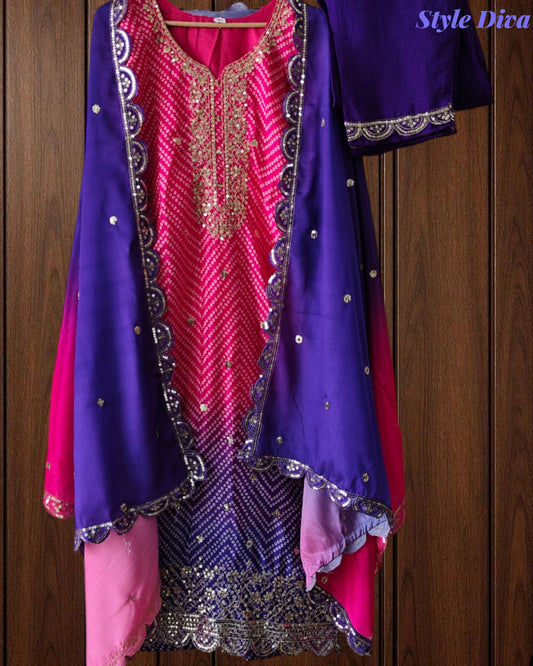 Chinnon Ombre Digital Printed 3-Piece Fully Stitched Suit with Sequin Embroidery & Shantoon Pants