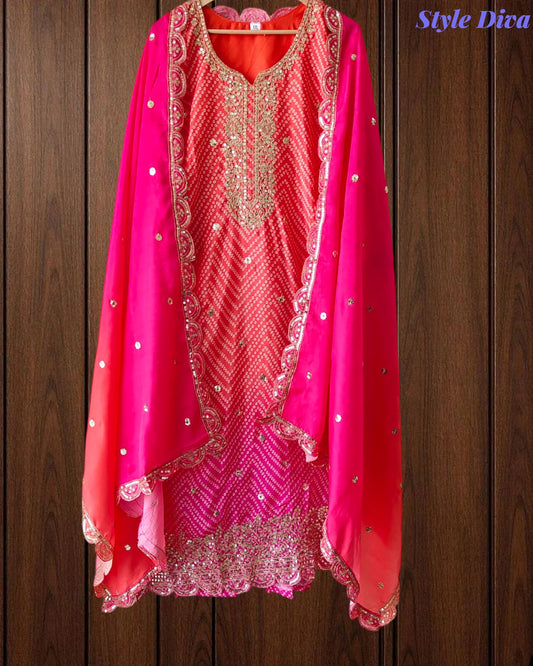 Chinnon Ombre Digital Printed 3-Piece Fully Stitched Suit with Sequin Embroidery & Shantoon Pants