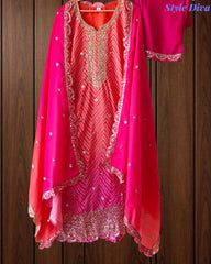 Chinnon Ombre Digital Printed 3-Piece Fully Stitched Suit with Sequin Embroidery & Shantoon Pants