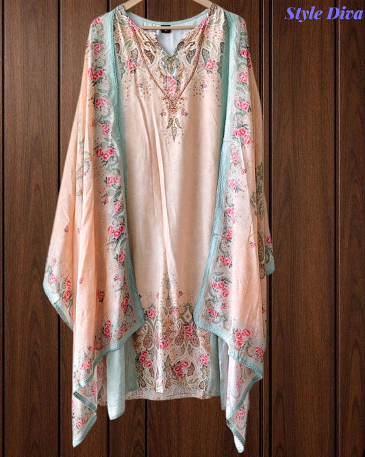 Fully Stitched-Muslin Digital Print Pearl Work  Suit Set with Muslin Dupatta