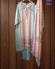 Fully Stitched-Muslin Digital Print Pearl Work  Suit Set with Muslin Dupatta