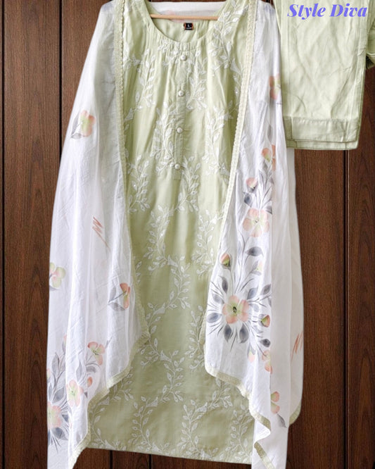Cotton Embroidered Kurta Set with Brush-Paint Dupatta – Fully Stitched 3 Pc Suit