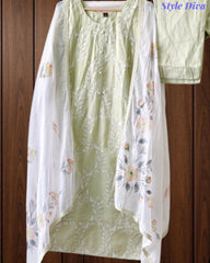 Cotton Embroidered Kurta Set with Brush-Paint Dupatta – Fully Stitched 3 Pc Suit