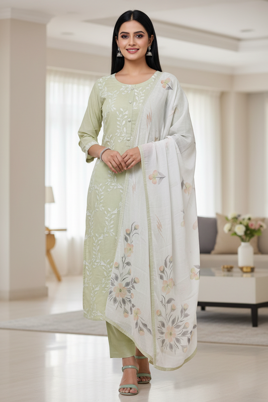 Cotton Embroidered Kurta Set with Brush-Paint Dupatta – Fully Stitched 3 Pc Suit