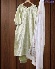Cotton Embroidered Kurta Set with Brush-Paint Dupatta – Fully Stitched 3 Pc Suit