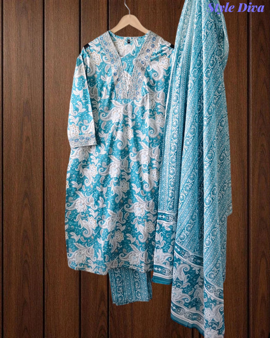 Cotton Printed Suit Set with zari  Work – Fully Stitched 3PC Set