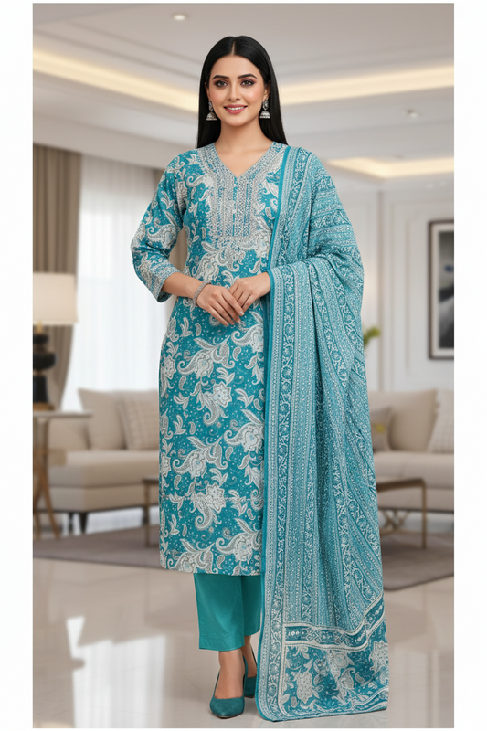 Cotton Printed Suit Set with zari  Work – Fully Stitched 3PC Set