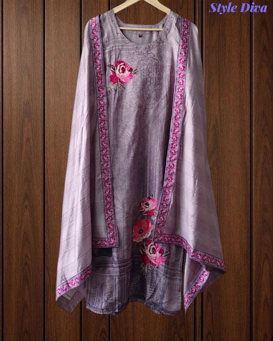 Roman Silk Digital Printed Kurta with Muslin Sequin Work Dupatta – Fully Stitched 3-Piece Suit with Shantoon Pants
