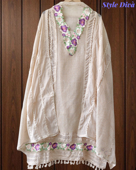 Jamdani Cotton Crochet Lace & 3D Floral Unstitched Suit with Jamdani Dupatta