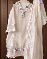 Jamdani Cotton Crochet Lace & 3D Floral Unstitched Suit with Jamdani Dupatta