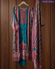 Muslin Digital Printed Kurta Set with Mirror Highlighting & Shantoon Pant – Fully Stitched 3-Piece Suit