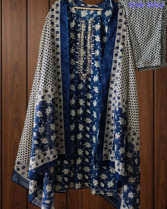 Cotton Printed Fully Stitched 3-Piece Suit with Mirror Work & Mul Cotton Dupatta
