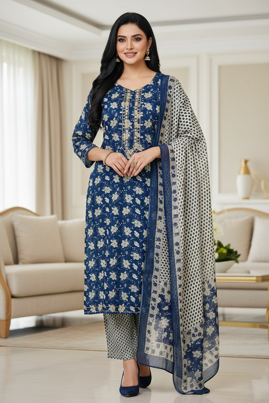 Cotton Printed Fully Stitched 3-Piece Suit with Mirror Work & Mul Cotton Dupatta