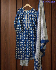 Cotton Printed Fully Stitched 3-Piece Suit with Mirror Work & Mul Cotton Dupatta
