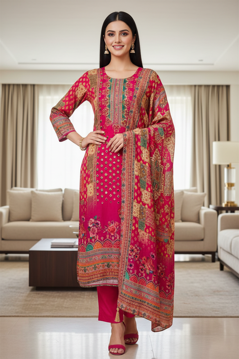 Fully Stitched-Muslin Shimmer Digital Print  Suit Set with Mirror Work & Digital Print Dupatta
