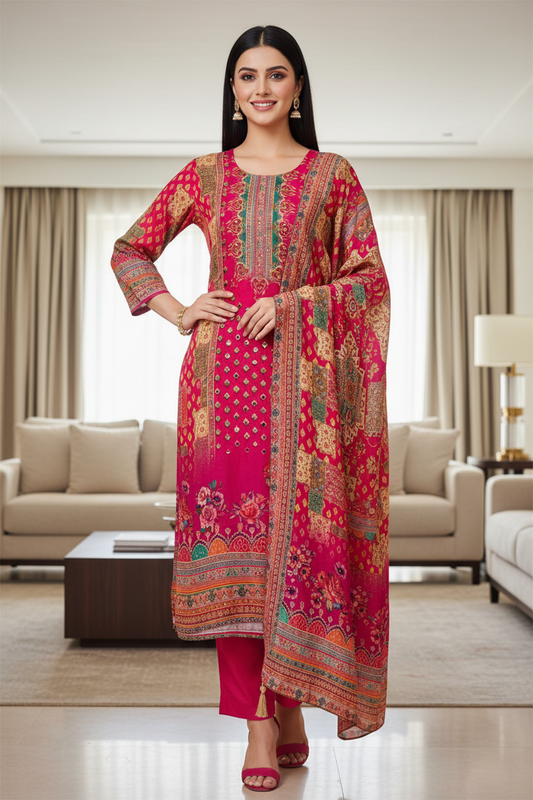 Fully Stitched-Muslin Shimmer Digital Print  Suit Set with Mirror Work & Digital Print Dupatta
