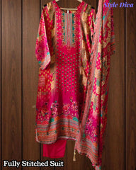 Fully Stitched-Muslin Shimmer Digital Print  Suit Set with Mirror Work & Digital Print Dupatta