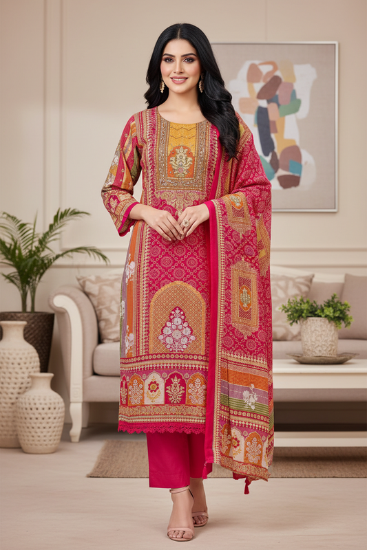 Muslin Digital Printed Kurta Set with Mirror Highlighting & Shantoon Pant – Fully Stitched 3-Piece Suit