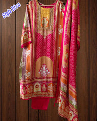 Muslin Digital Printed Kurta Set with Mirror Highlighting & Shantoon Pant – Fully Stitched 3-Piece Suit