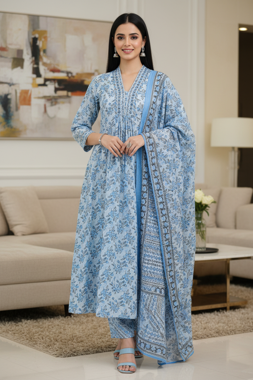Cotton Printed Suit Set with Faux Mirror Work – Fully Stitched 3PC Set