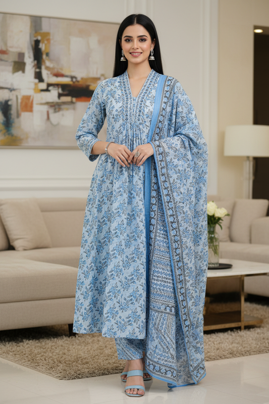 Cotton Printed Suit Set with Faux Mirror Work – Fully Stitched 3PC Set