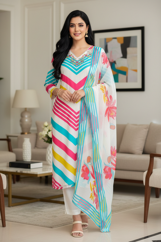 Elegant Muslin Digital Printed 3-Piece Suit with Hand Work – Stitched Set with Organza Dupatta