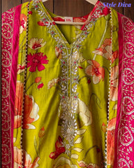 Muslin Kurta with Thread Embroidery & Croatia Lacing – Fully Stitched 3-Piece Suit Set with Shantoon Pants