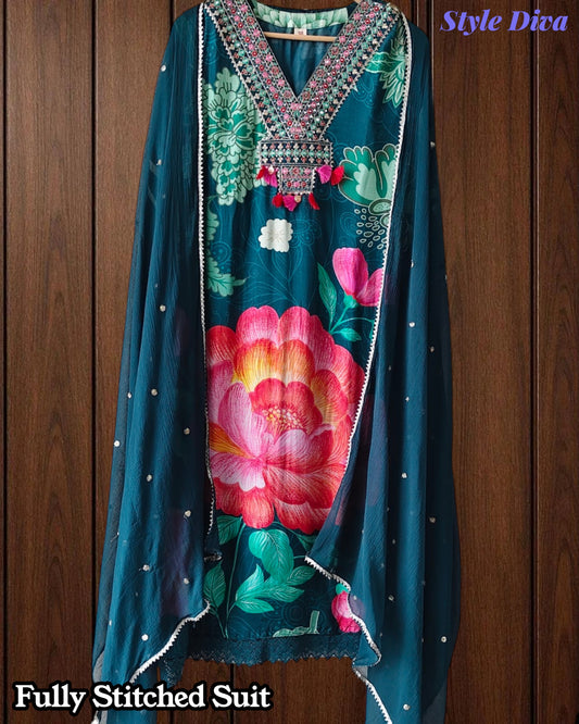 Fully Stitched- Muslin Digital Print  Suit Set with Embroidery, Faux Mirror Work & Sequin Chiffon Dupatta