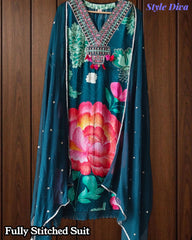 Fully Stitched- Muslin Digital Print  Suit Set with Embroidery, Faux Mirror Work & Sequin Chiffon Dupatta