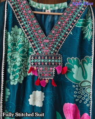 Fully Stitched- Muslin Digital Print  Suit Set with Embroidery, Faux Mirror Work & Sequin Chiffon Dupatta