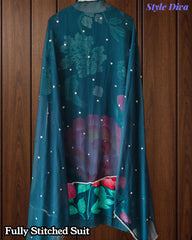 Fully Stitched- Muslin Digital Print  Suit Set with Embroidery, Faux Mirror Work & Sequin Chiffon Dupatta