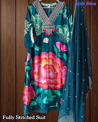 Fully Stitched- Muslin Digital Print  Suit Set with Embroidery, Faux Mirror Work & Sequin Chiffon Dupatta
