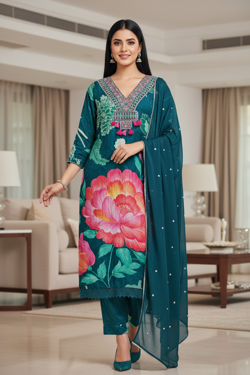 Fully Stitched- Muslin Digital Print  Suit Set with Embroidery, Faux Mirror Work & Sequin Chiffon Dupatta