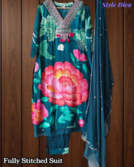 Fully Stitched- Muslin Digital Print  Suit Set with Embroidery, Faux Mirror Work & Sequin Chiffon Dupatta