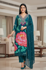 Fully Stitched- Muslin Digital Print  Suit Set with Embroidery, Faux Mirror Work & Sequin Chiffon Dupatta