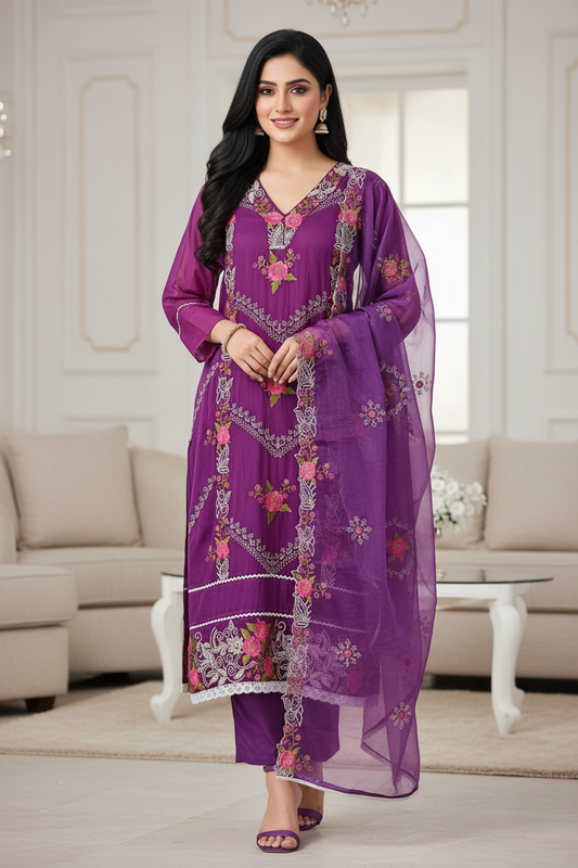 Stylish Organza Digital Printed Kurta Set with Mirror Work & Printed Dupatta – Fully Stitched