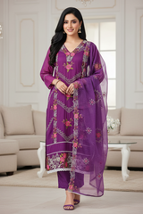 Stylish Organza Digital Printed Kurta Set with Mirror Work & Printed Dupatta – Fully Stitched