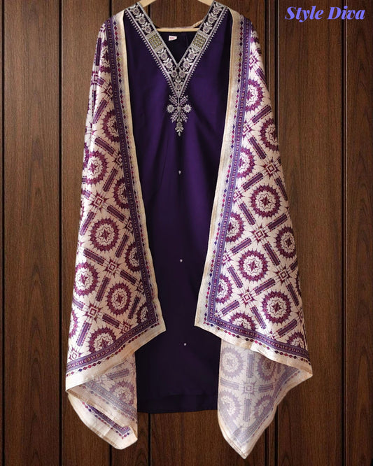 Elegant Roman Silk Zari Embroidered Kurta Set with Digital Printed Dupatta – Afghani Style Fully Stitched Suit