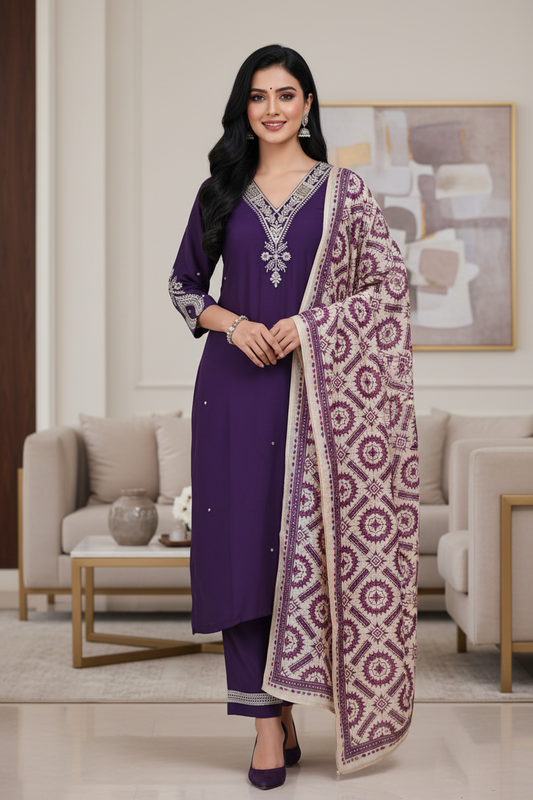 Elegant Roman Silk Zari Embroidered Kurta Set with Digital Printed Dupatta – Afghani Style Fully Stitched Suit