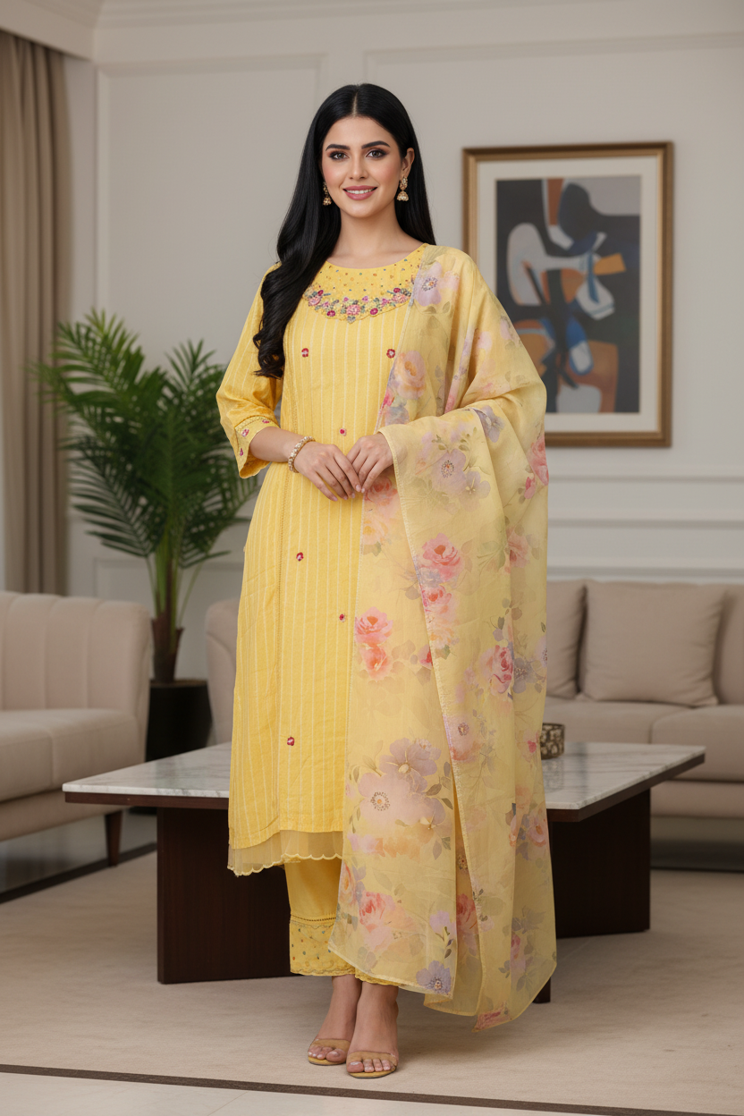 Cotton Patch Work Kurta Set with Organza Digital Print Dupatta – Fully Stitched 3 Pc Suit
