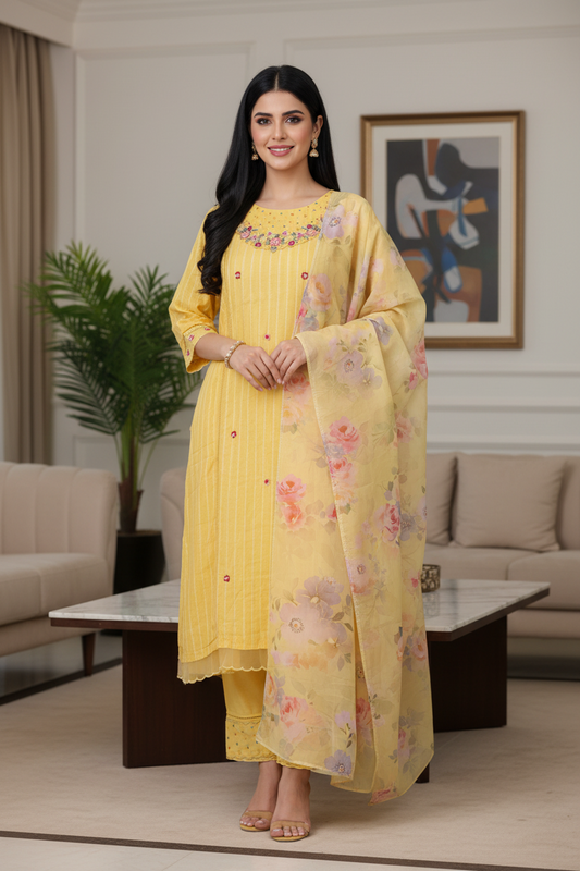 Cotton Patch Work Kurta Set with Organza Digital Print Dupatta – Fully Stitched 3 Pc Suit