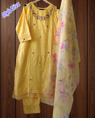 Cotton Patch Work Kurta Set with Organza Digital Print Dupatta – Fully Stitched 3 Pc Suit