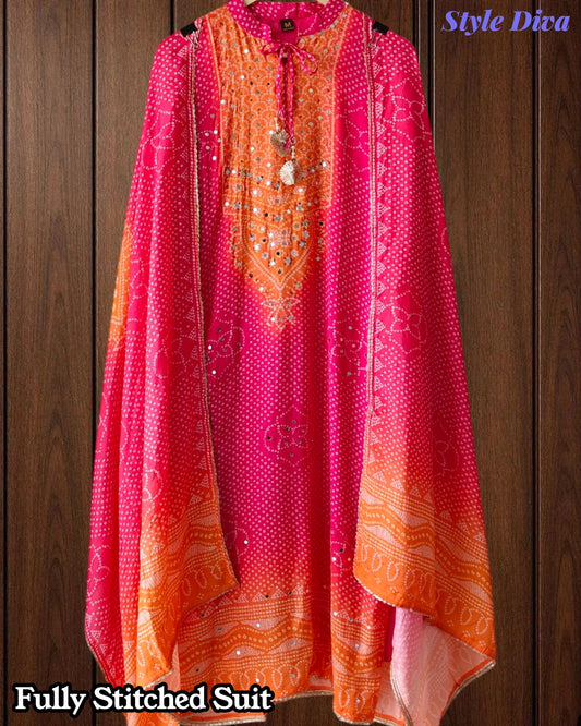 Fully Stitched - Muslin Digital Print Suit Set with Faux Mirror Work & Border Dupatta