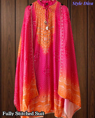 Fully Stitched - Muslin Digital Print Suit Set with Faux Mirror Work & Border Dupatta