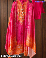 Fully Stitched - Muslin Digital Print Suit Set with Faux Mirror Work & Border Dupatta